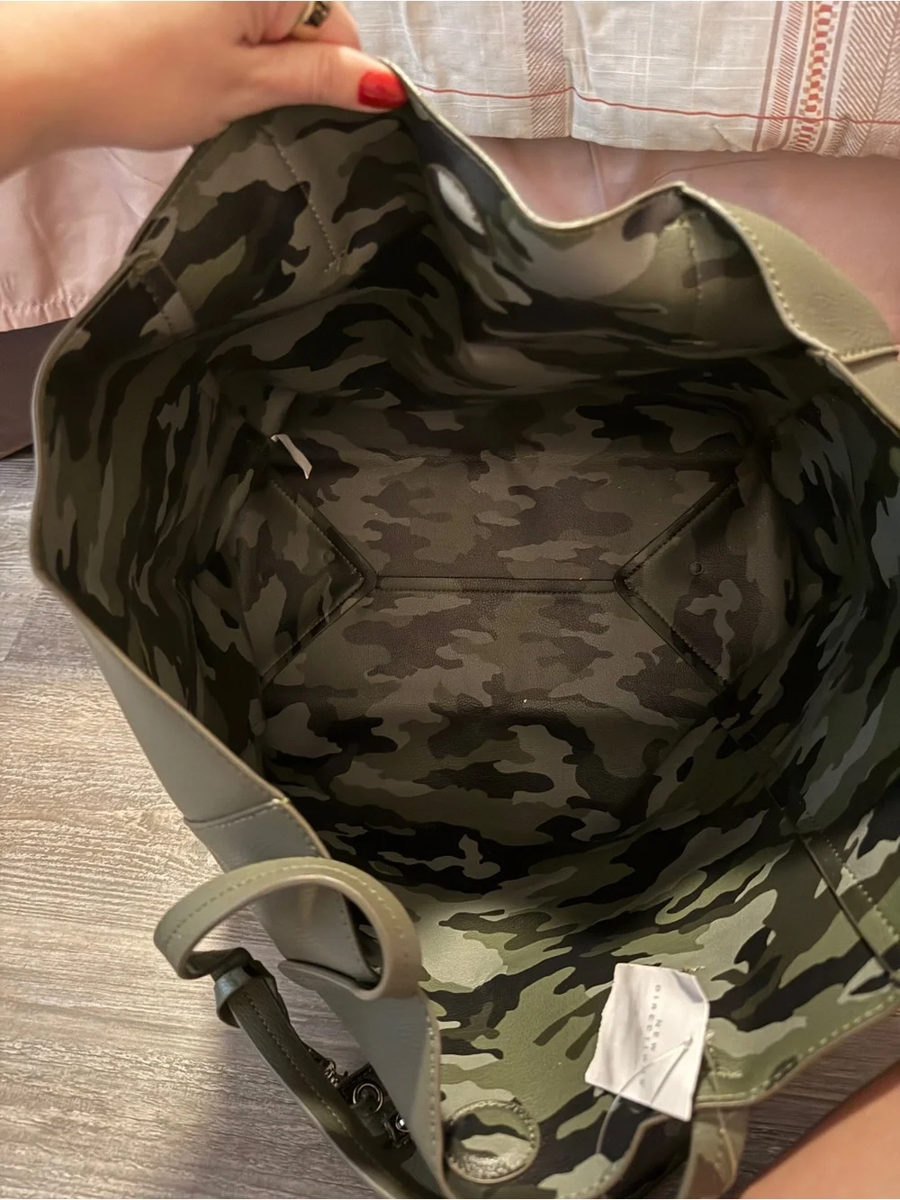 Olive Green/Camo Reversible Tote Bag with Camo Pouch